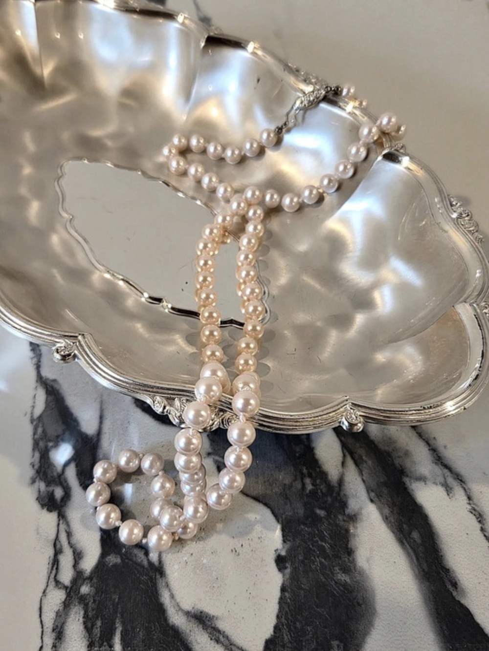 Vintage Classic Soft Pink Faux Pearl Long Strand Necklace Filigree Clasp 31”